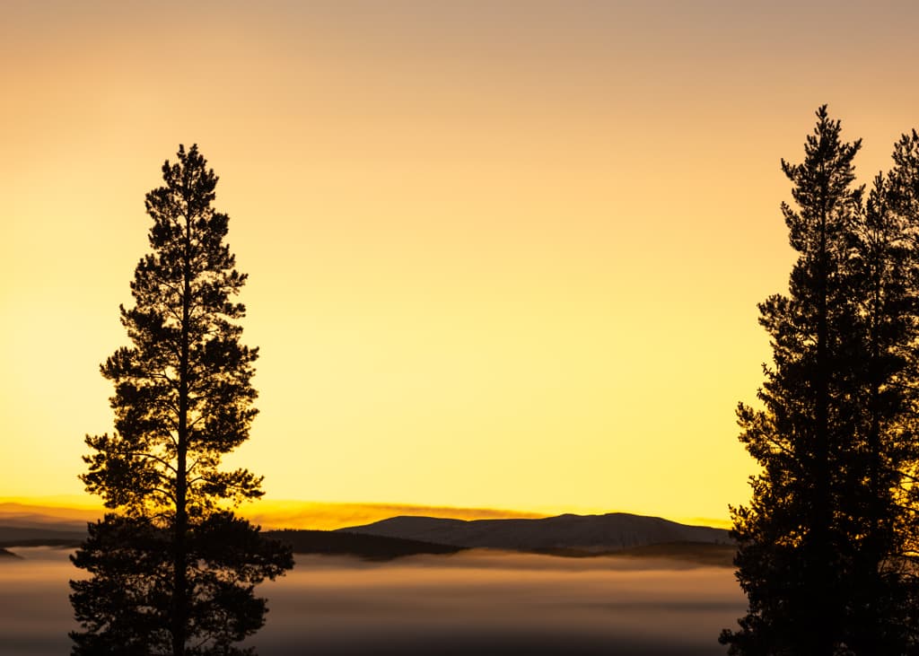 Gyllene solnedgång över en dimmig dal – Björnrike, Sverige, Härjedalen